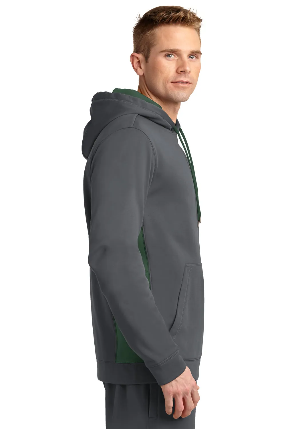 Sport-Tek Mens Sport-Wick Moisture Wicking Fleece Hooded Sweatshirt Hoodie w/ Pouch Pocket - Dark Smoke Grey/Forest Green - Closeout
