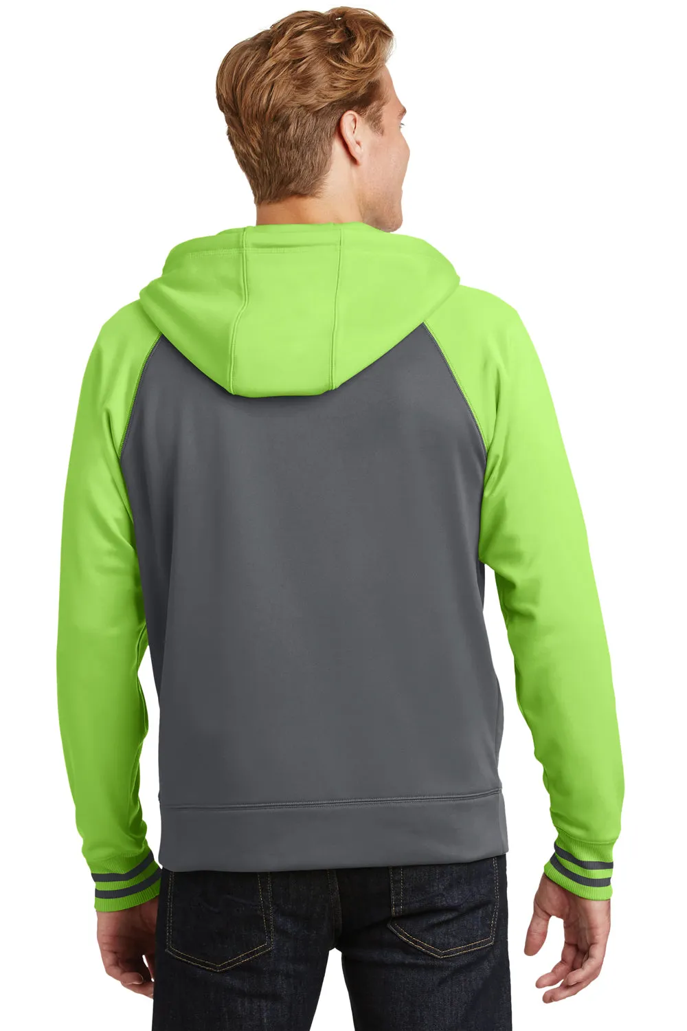 Sport-Tek Mens Sport-Wick Moisture Wicking Fleece Hooded Sweatshirt Hoodie w/ Pouch Pocket - Dark Smoke Grey/Lime Shock Green - Closeout