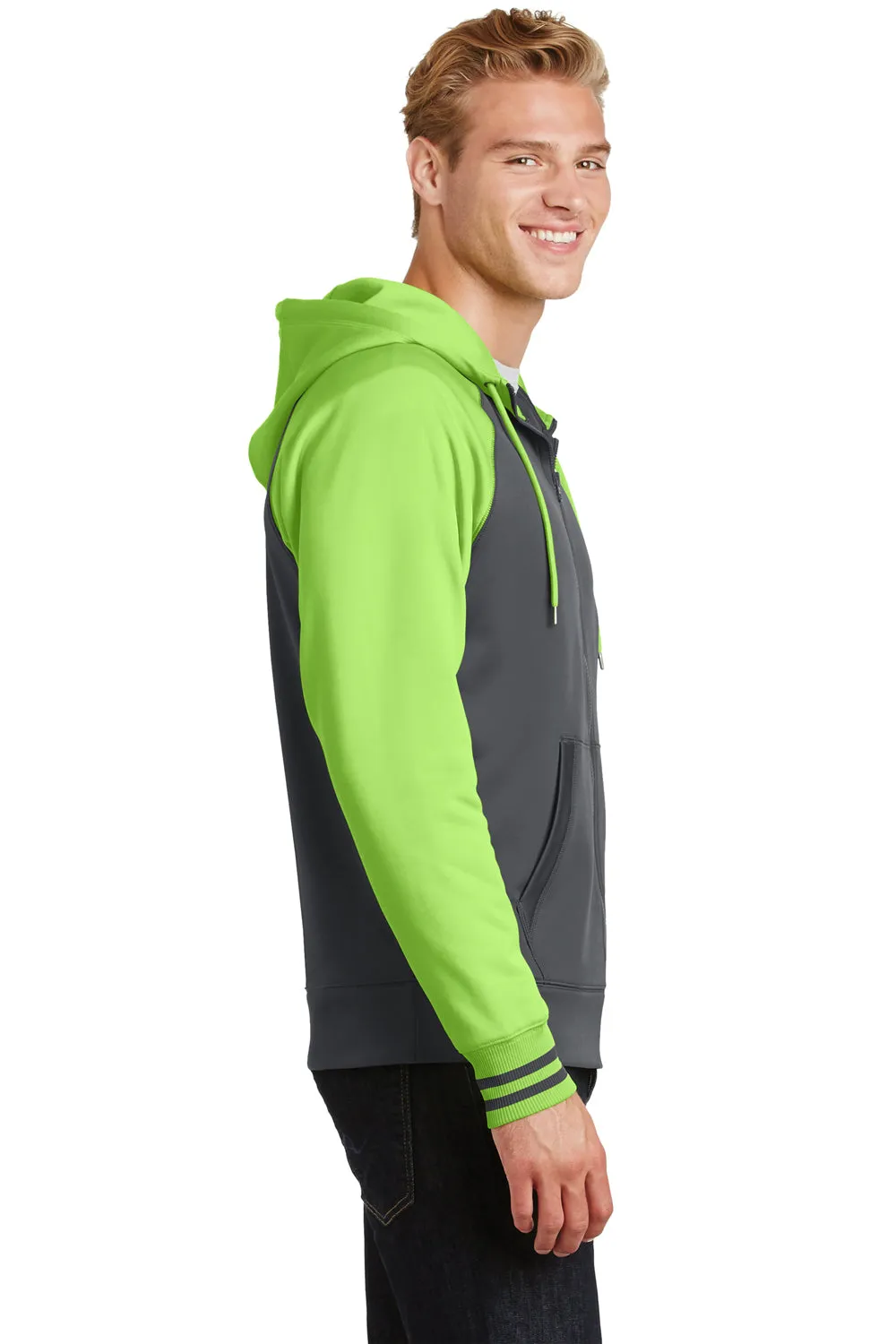 Sport-Tek Mens Sport-Wick Moisture Wicking Fleece Hooded Sweatshirt Hoodie w/ Pouch Pocket - Dark Smoke Grey/Lime Shock Green - Closeout