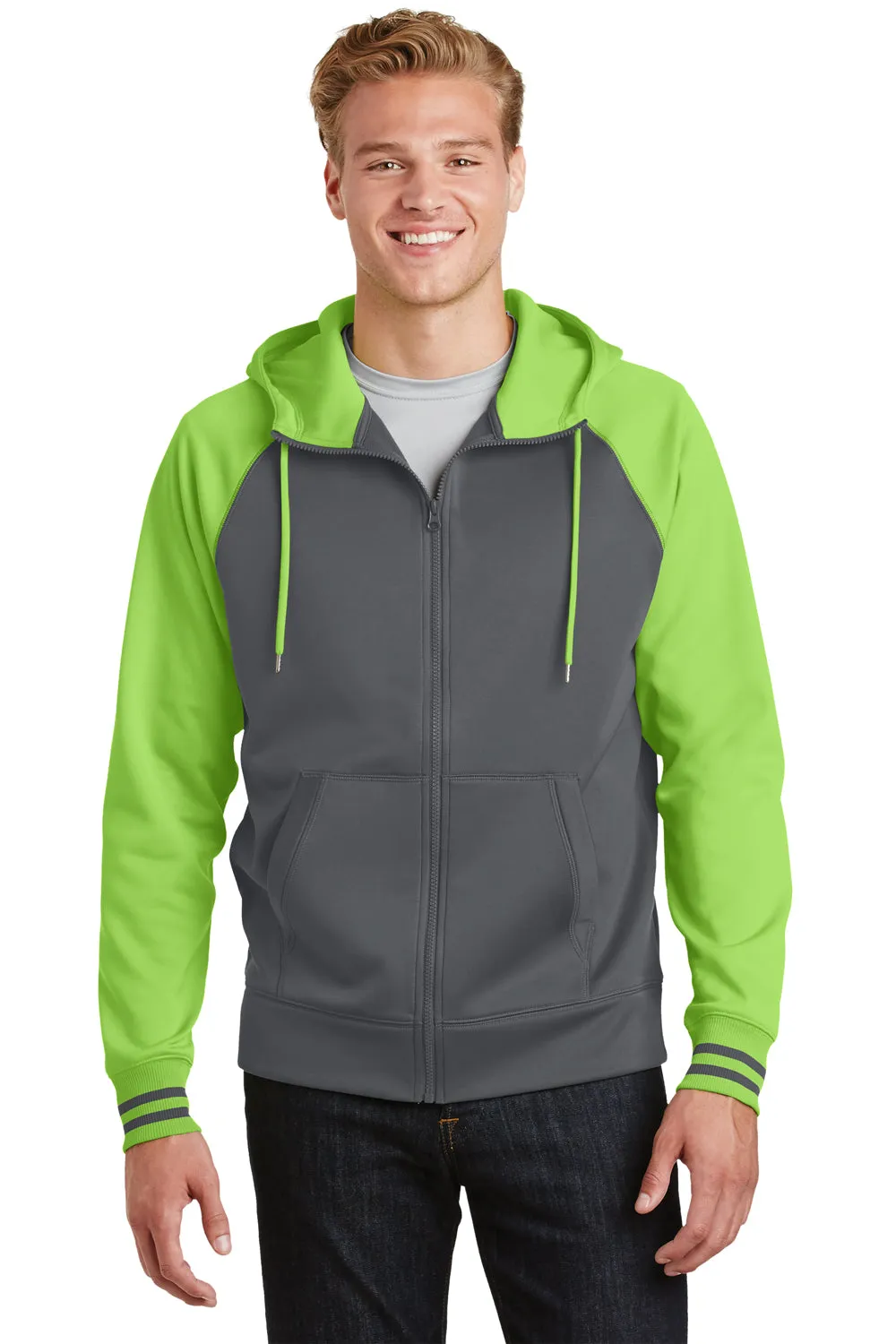 Sport-Tek Mens Sport-Wick Moisture Wicking Fleece Hooded Sweatshirt Hoodie w/ Pouch Pocket - Dark Smoke Grey/Lime Shock Green - Closeout
