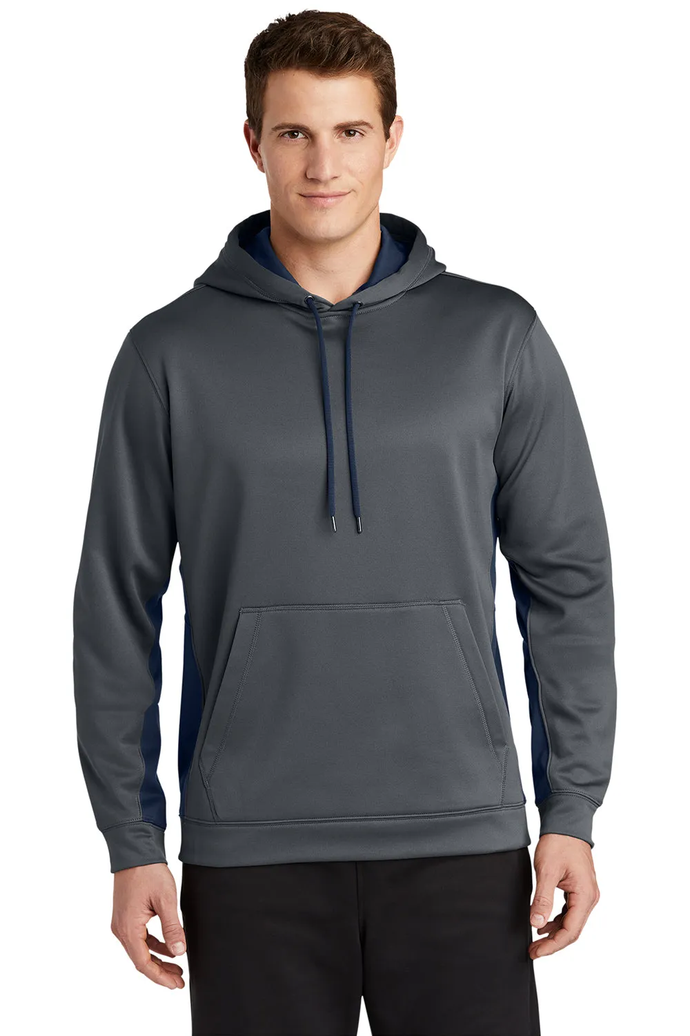 Sport-Tek Mens Sport-Wick Moisture Wicking Fleece Hooded Sweatshirt Hoodie w/ Pouch Pocket - Dark Smoke Grey/Navy Blue