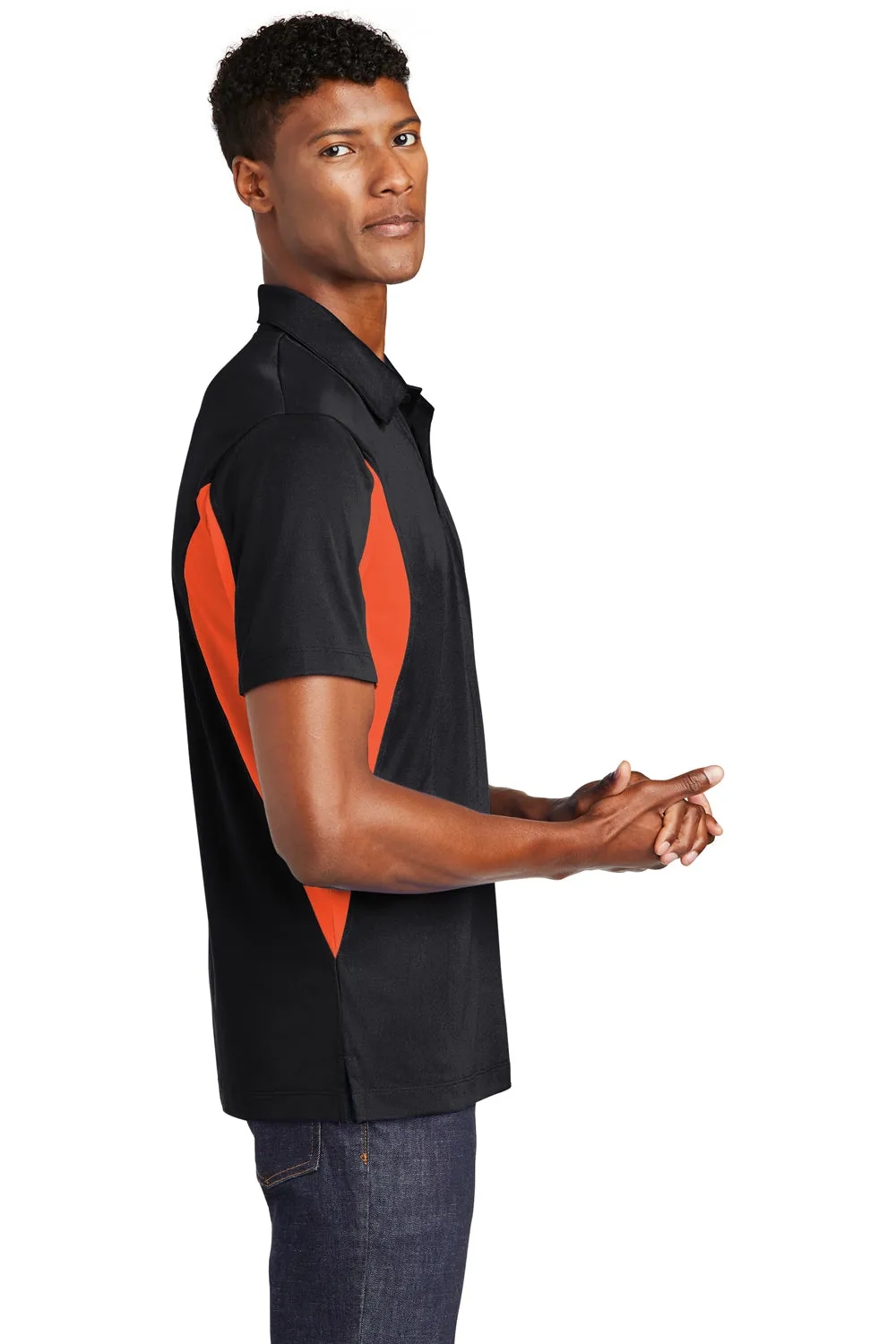 Sport-Tek Mens Sport-Wick Moisture Wicking Short Sleeve Polo Shirt - Black/Deep Orange