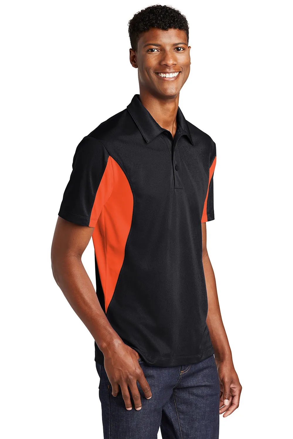 Sport-Tek Mens Sport-Wick Moisture Wicking Short Sleeve Polo Shirt - Black/Deep Orange