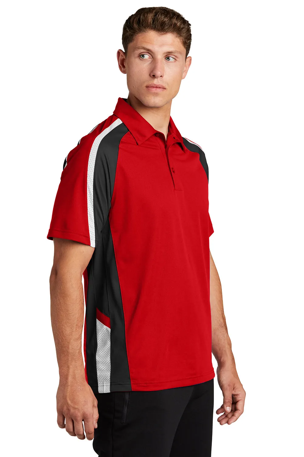 Sport-Tek Mens Sport-Wick Moisture Wicking Short Sleeve Polo Shirt - True Red/Black/White