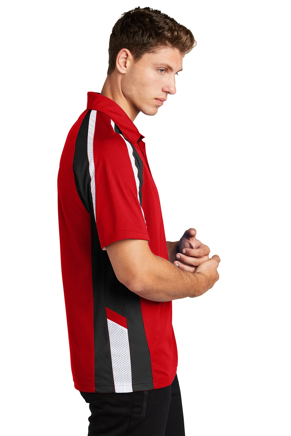 Sport-Tek Mens Sport-Wick Moisture Wicking Short Sleeve Polo Shirt - True Red/Black/White