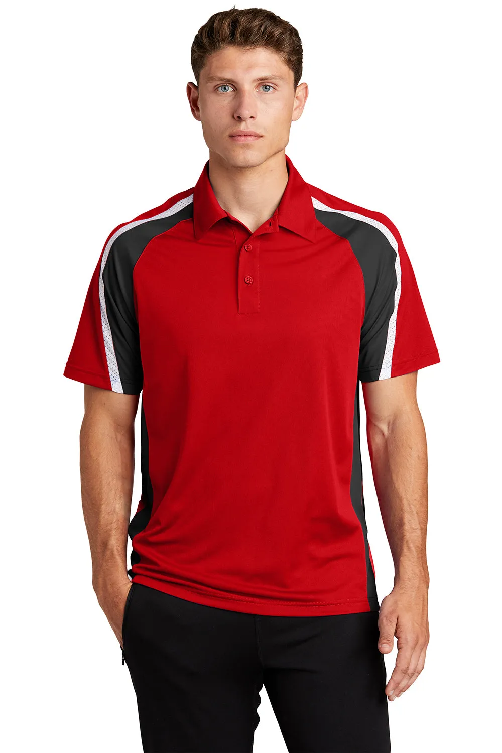 Sport-Tek Mens Sport-Wick Moisture Wicking Short Sleeve Polo Shirt - True Red/Black/White