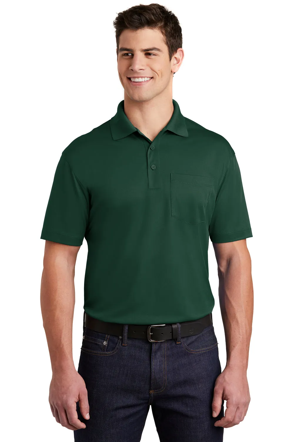 Sport-Tek Mens Sport-Wick Moisture Wicking Short Sleeve Polo Shirt w/ Pocket - Forest Green
