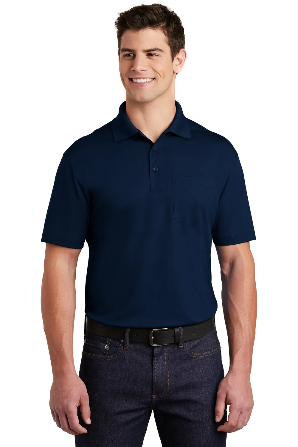 Sport-Tek Mens Sport-Wick Moisture Wicking Short Sleeve Polo Shirt w/ Pocket - True Navy Blue