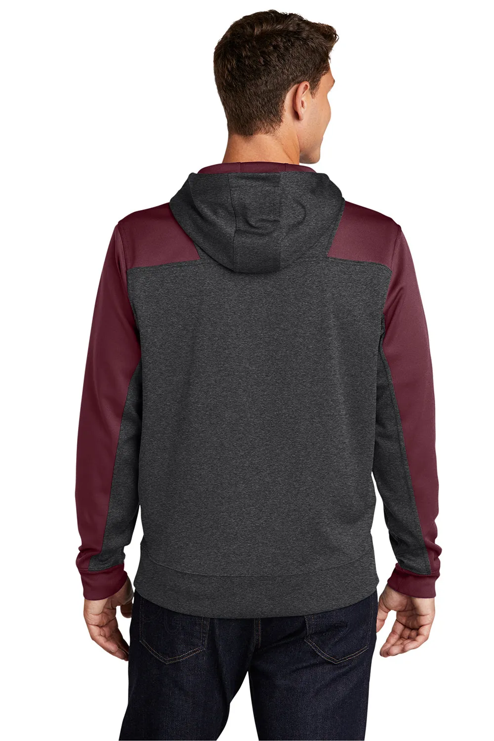 Sport-Tek Mens Tech Moisture Wicking Fleece 1/4 Zip Hooded Sweatshirt Hoodie w/ Patch Pocket - Heather Graphite Grey/Maroon