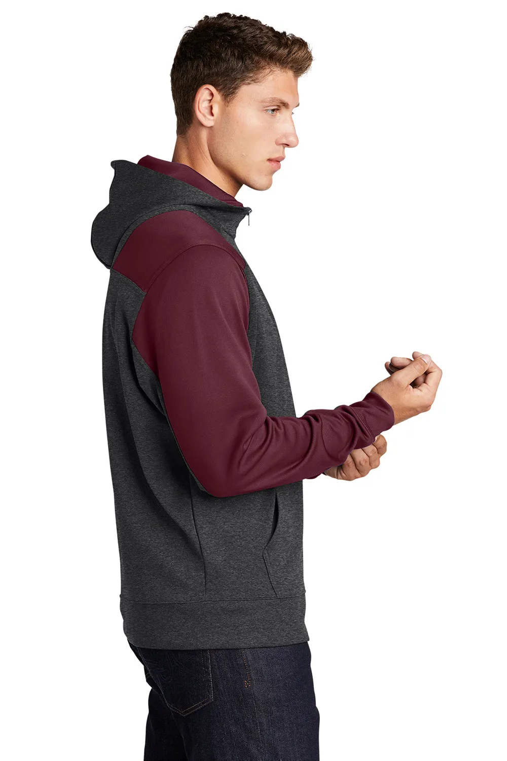 Sport-Tek Mens Tech Moisture Wicking Fleece 1/4 Zip Hooded Sweatshirt Hoodie w/ Patch Pocket - Heather Graphite Grey/Maroon