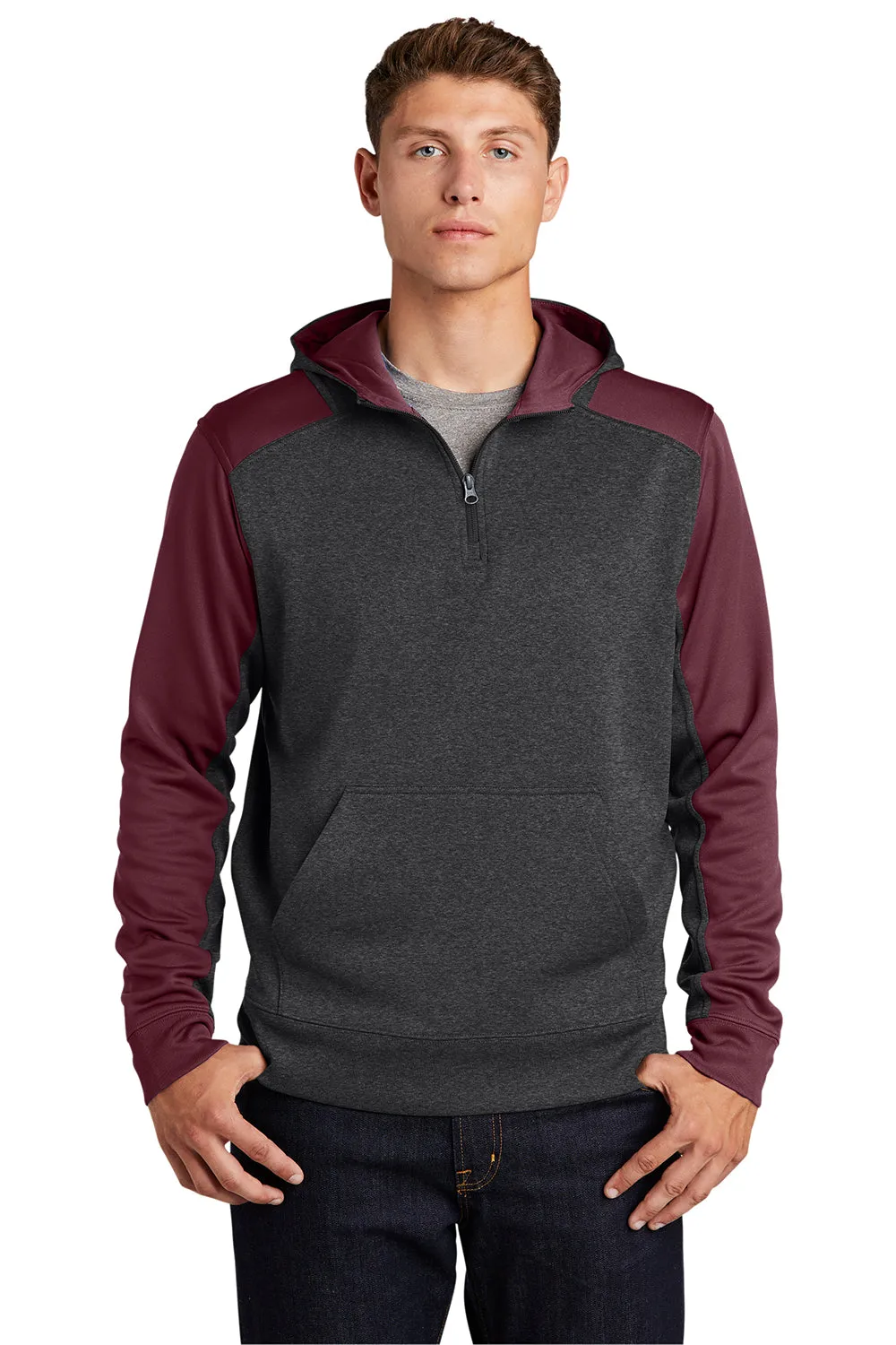 Sport-Tek Mens Tech Moisture Wicking Fleece 1/4 Zip Hooded Sweatshirt Hoodie w/ Patch Pocket - Heather Graphite Grey/Maroon