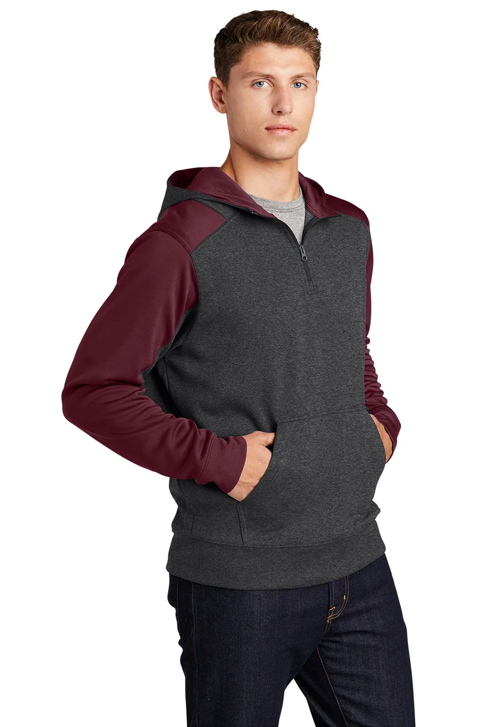 Sport-Tek Mens Tech Moisture Wicking Fleece 1/4 Zip Hooded Sweatshirt Hoodie w/ Patch Pocket - Heather Graphite Grey/Maroon