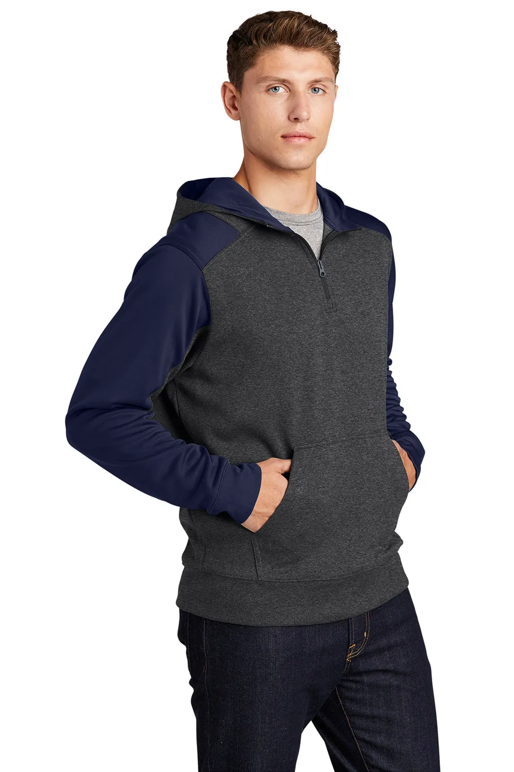 Sport-Tek Mens Tech Moisture Wicking Fleece 1/4 Zip Hooded Sweatshirt Hoodie w/ Patch Pocket - Heather Graphite Grey/True Navy Blue