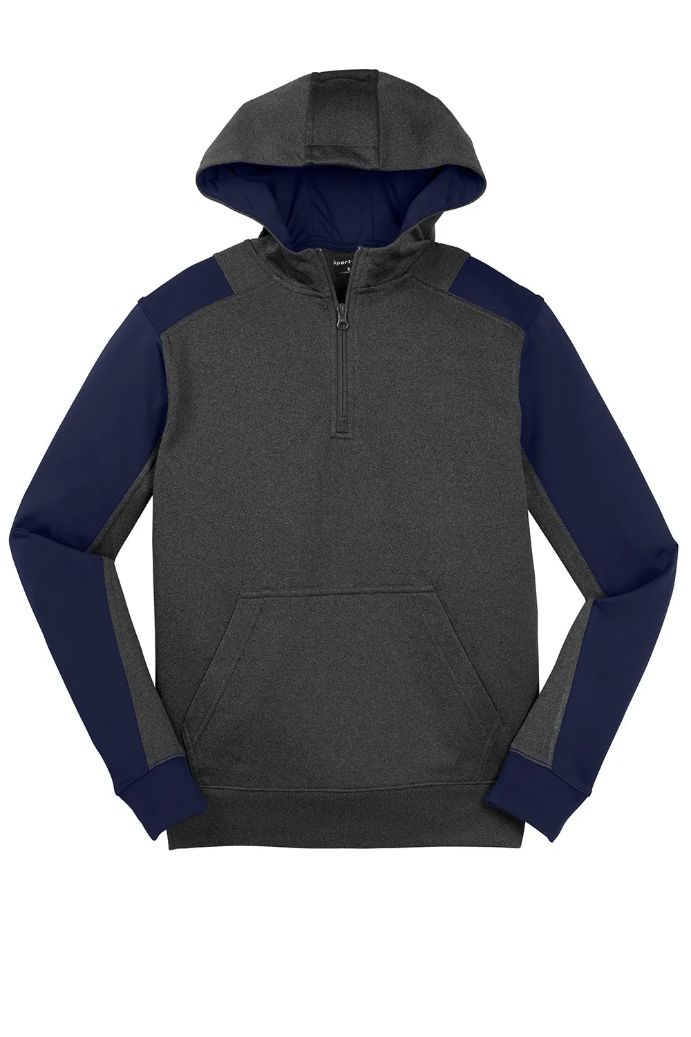 Sport-Tek Mens Tech Moisture Wicking Fleece 1/4 Zip Hooded Sweatshirt Hoodie w/ Patch Pocket - Heather Graphite Grey/True Navy Blue