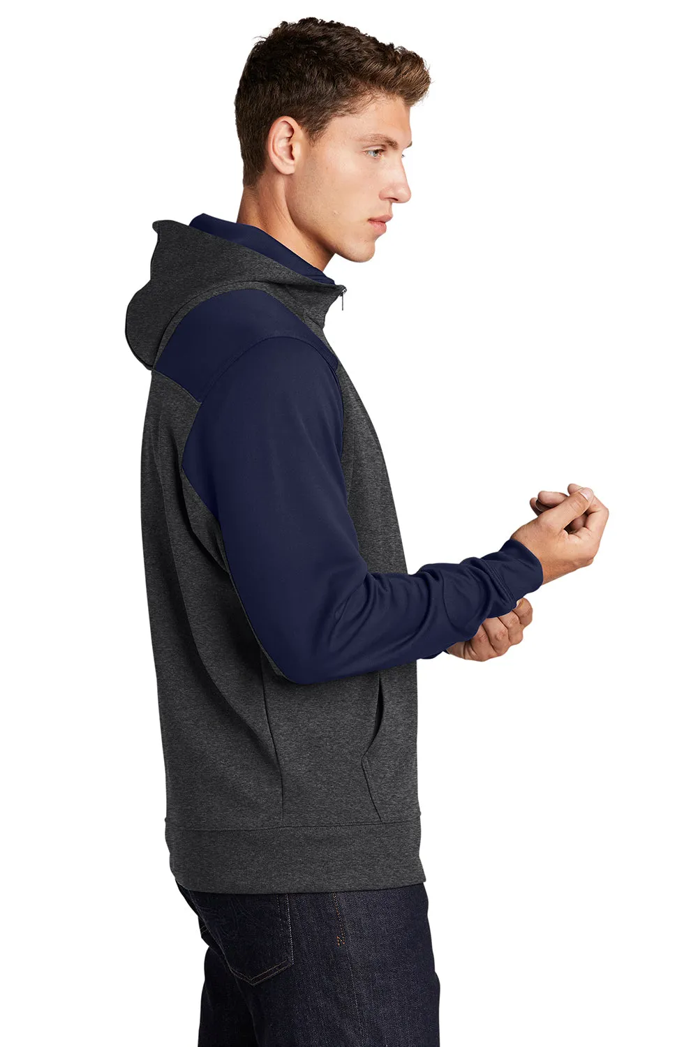 Sport-Tek Mens Tech Moisture Wicking Fleece 1/4 Zip Hooded Sweatshirt Hoodie w/ Patch Pocket - Heather Graphite Grey/True Navy Blue