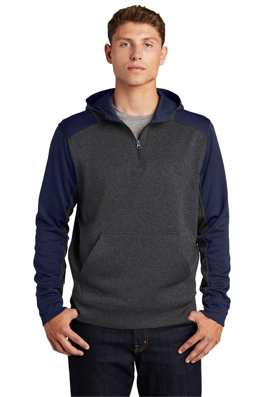Sport-Tek Mens Tech Moisture Wicking Fleece 1/4 Zip Hooded Sweatshirt Hoodie w/ Patch Pocket - Heather Graphite Grey/True Navy Blue