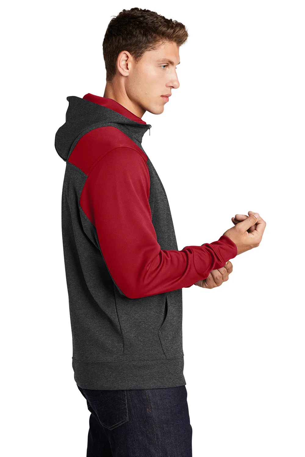 Sport-Tek Mens Tech Moisture Wicking Fleece 1/4 Zip Hooded Sweatshirt Hoodie w/ Patch Pocket - Heather Graphite Grey/True Red
