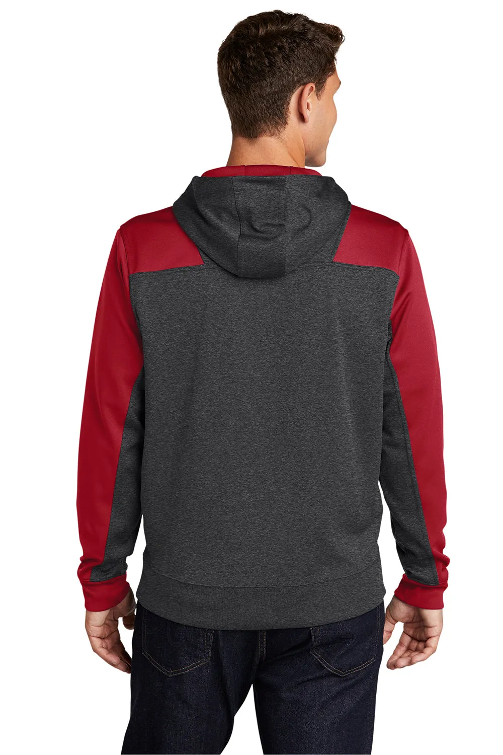 Sport-Tek Mens Tech Moisture Wicking Fleece 1/4 Zip Hooded Sweatshirt Hoodie w/ Patch Pocket - Heather Graphite Grey/True Red