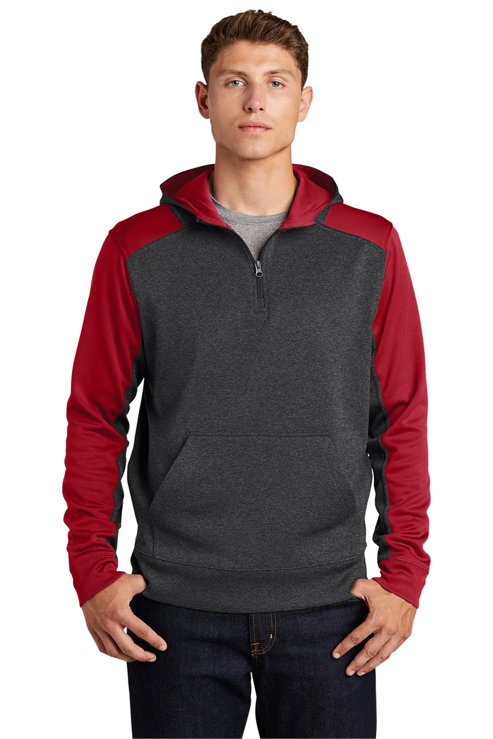 Sport-Tek Mens Tech Moisture Wicking Fleece 1/4 Zip Hooded Sweatshirt Hoodie w/ Patch Pocket - Heather Graphite Grey/True Red