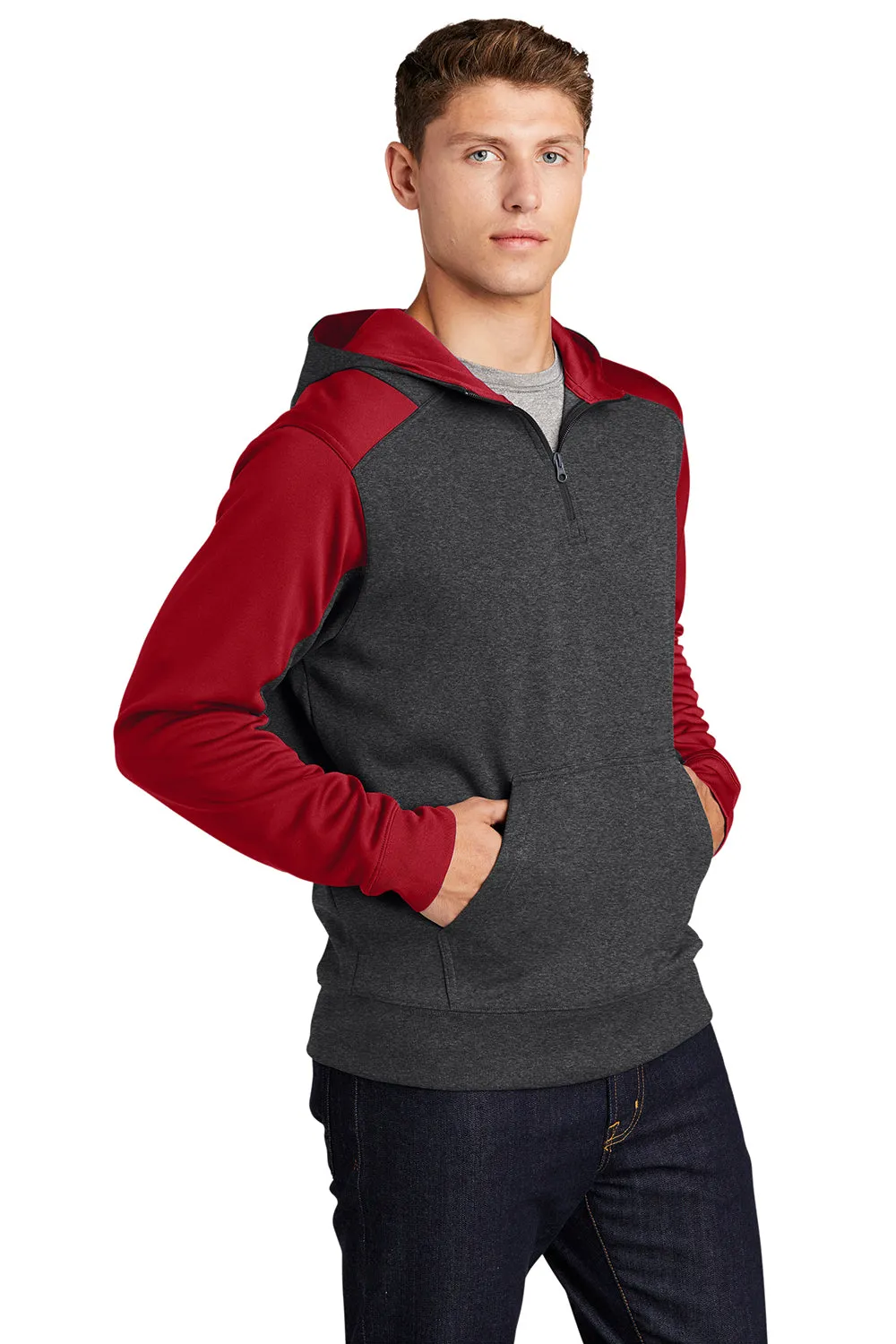Sport-Tek Mens Tech Moisture Wicking Fleece 1/4 Zip Hooded Sweatshirt Hoodie w/ Patch Pocket - Heather Graphite Grey/True Red
