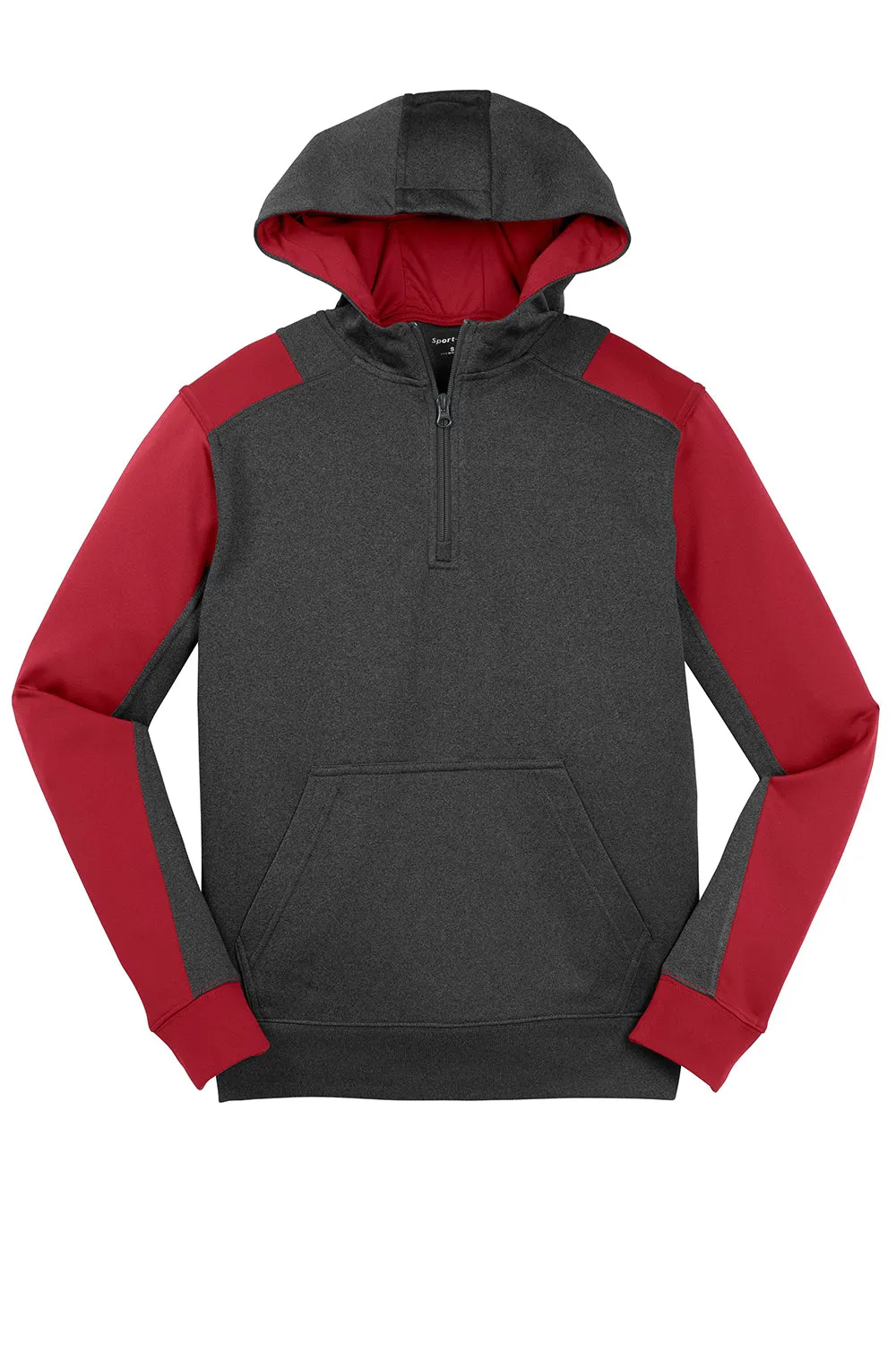 Sport-Tek Mens Tech Moisture Wicking Fleece 1/4 Zip Hooded Sweatshirt Hoodie w/ Patch Pocket - Heather Graphite Grey/True Red