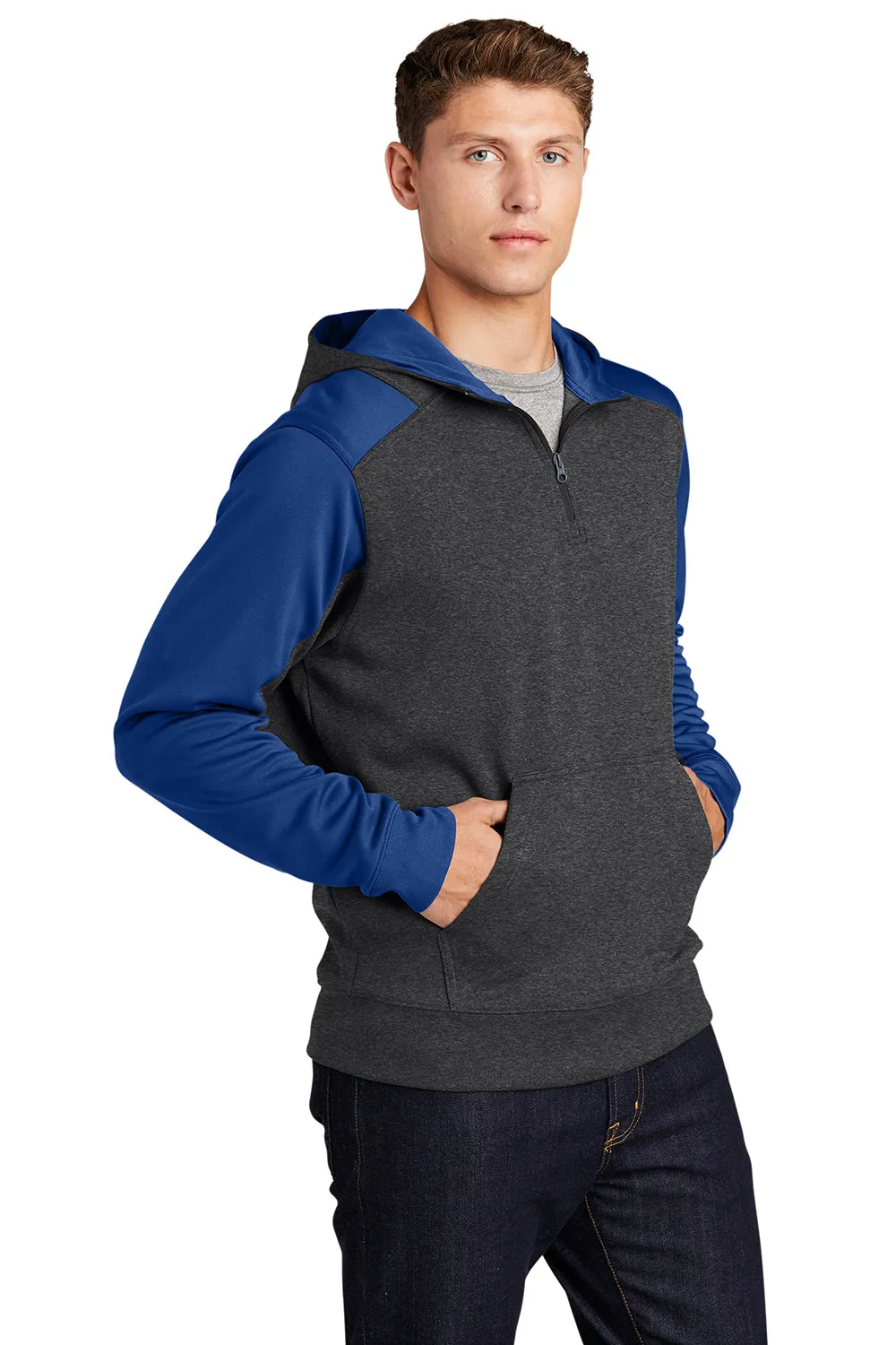 Sport-Tek Mens Tech Moisture Wicking Fleece 1/4 Zip Hooded Sweatshirt Hoodie w/ Patch Pocket - Heather Graphite Grey/True Royal Blue