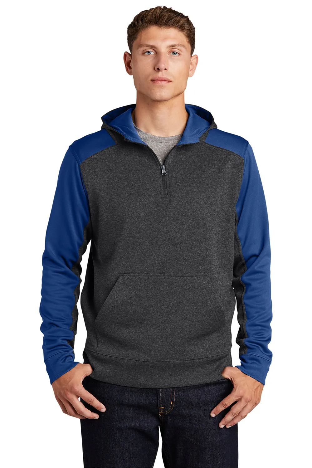 Sport-Tek Mens Tech Moisture Wicking Fleece 1/4 Zip Hooded Sweatshirt Hoodie w/ Patch Pocket - Heather Graphite Grey/True Royal Blue