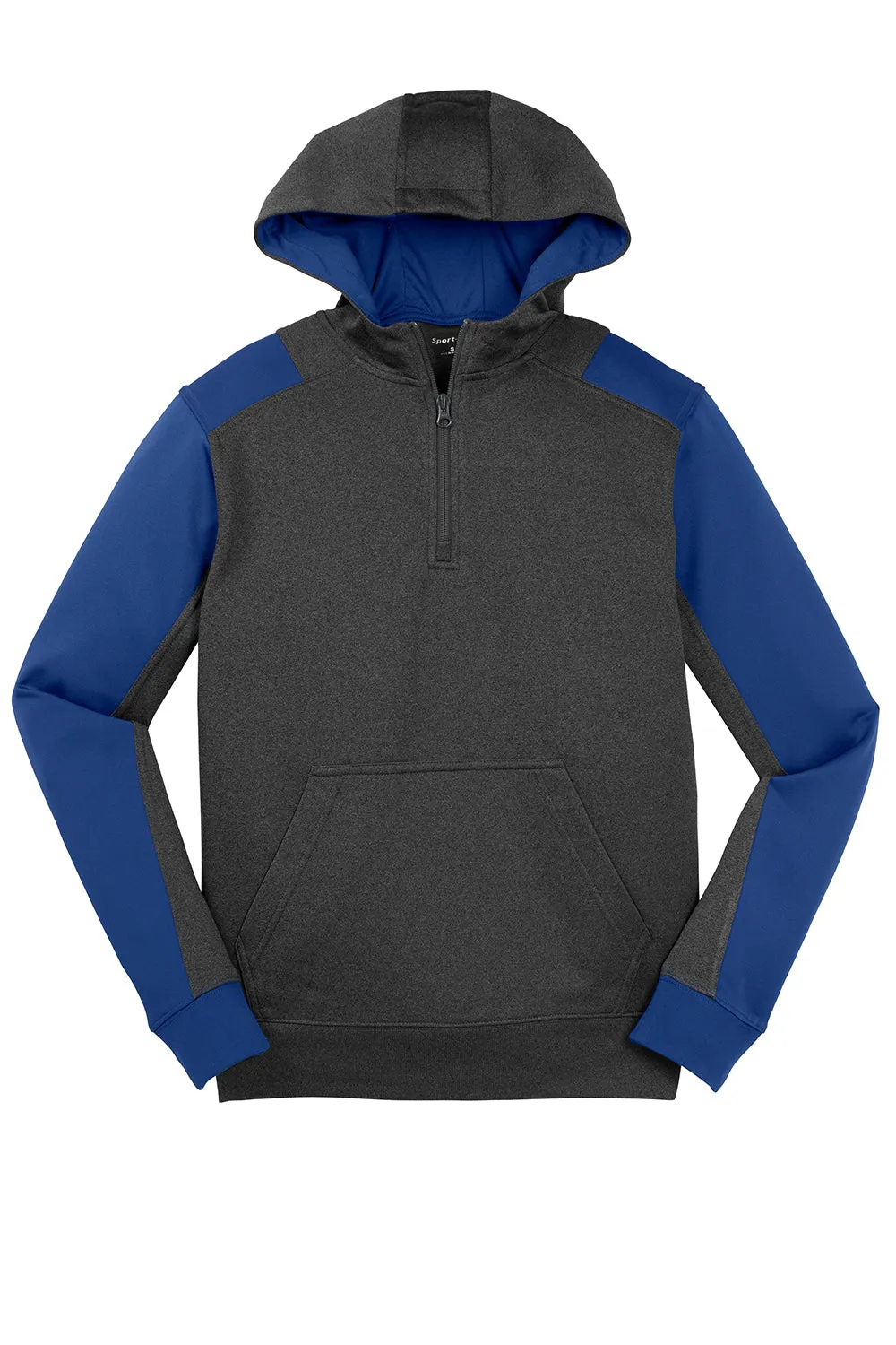 Sport-Tek Mens Tech Moisture Wicking Fleece 1/4 Zip Hooded Sweatshirt Hoodie w/ Patch Pocket - Heather Graphite Grey/True Royal Blue