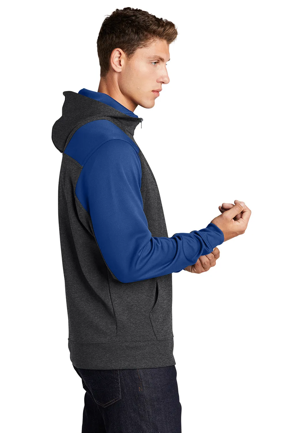 Sport-Tek Mens Tech Moisture Wicking Fleece 1/4 Zip Hooded Sweatshirt Hoodie w/ Patch Pocket - Heather Graphite Grey/True Royal Blue