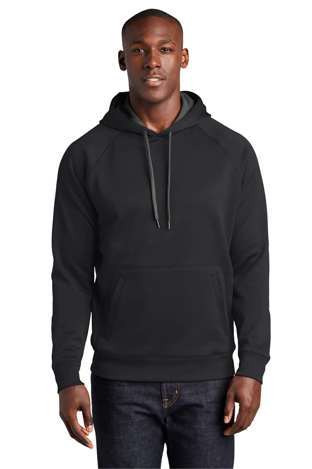 Sport-Tek Mens Tech Moisture Wicking Fleece Hooded Sweatshirt Hoodie w/ Pouch Pocket - Black