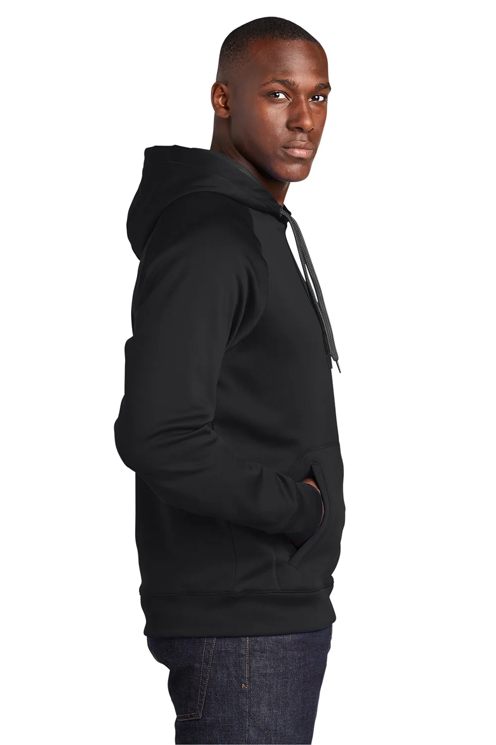 Sport-Tek Mens Tech Moisture Wicking Fleece Hooded Sweatshirt Hoodie w/ Pouch Pocket - Black