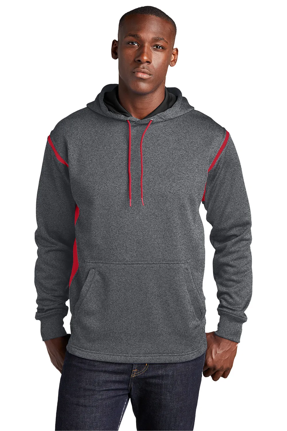Sport-Tek Mens Tech Moisture Wicking Fleece Hooded Sweatshirt Hoodie w/ Pouch Pocket - Heather Graphite Grey/True Red