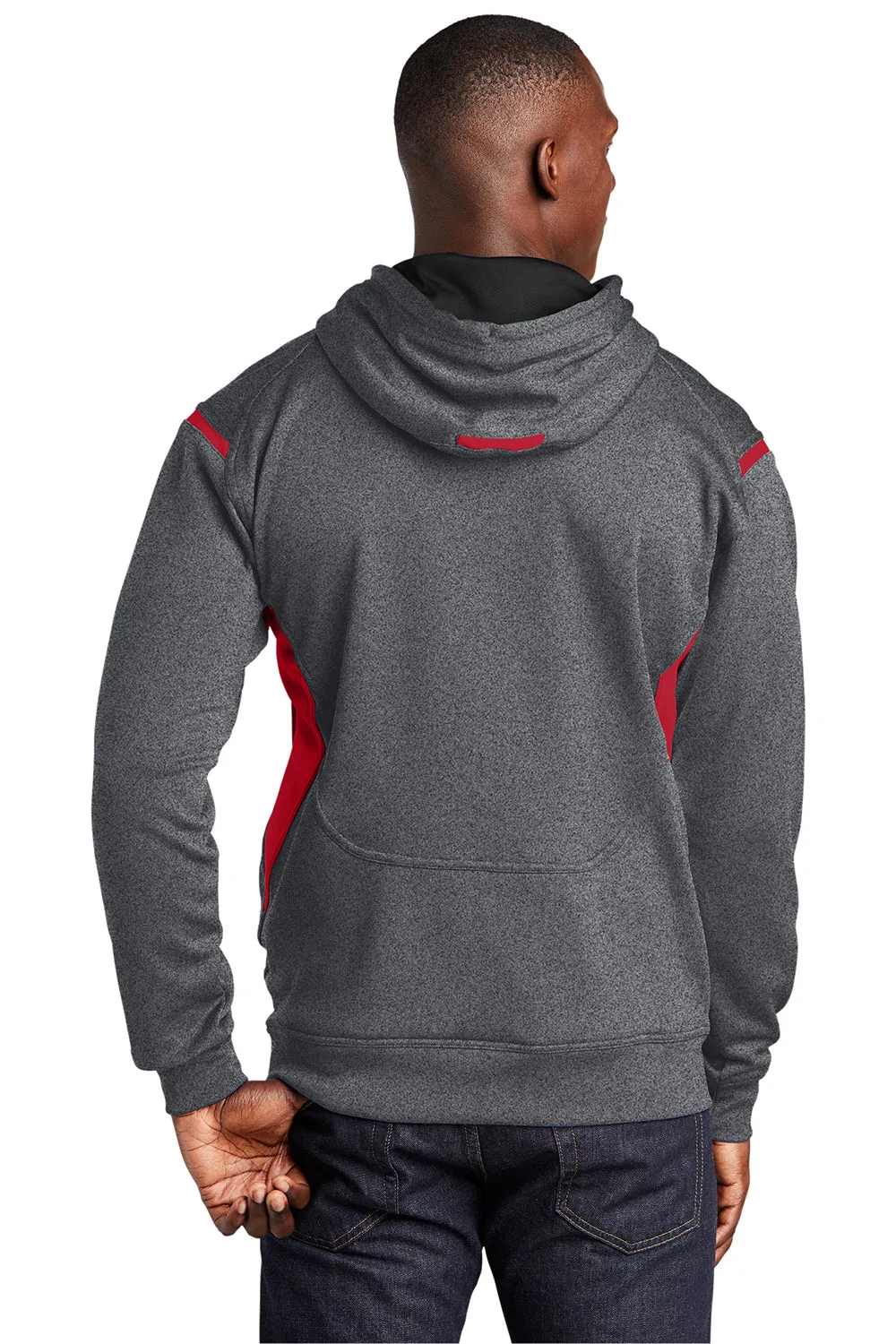 Sport-Tek Mens Tech Moisture Wicking Fleece Hooded Sweatshirt Hoodie w/ Pouch Pocket - Heather Graphite Grey/True Red