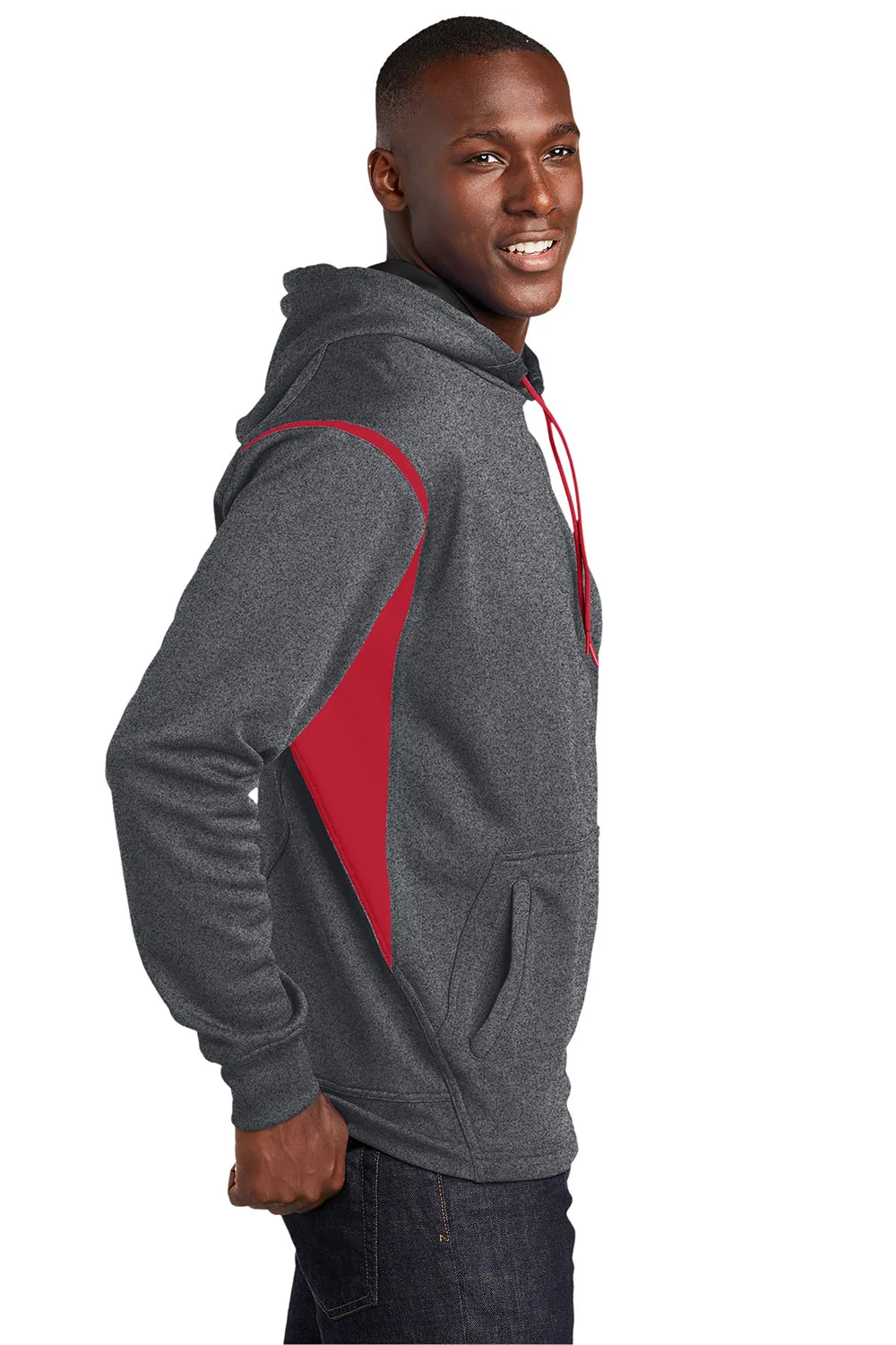 Sport-Tek Mens Tech Moisture Wicking Fleece Hooded Sweatshirt Hoodie w/ Pouch Pocket - Heather Graphite Grey/True Red