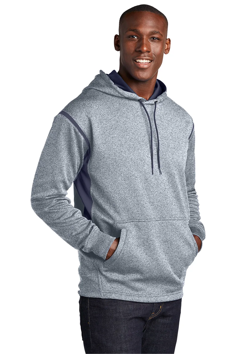 Sport-Tek Mens Tech Moisture Wicking Fleece Hooded Sweatshirt Hoodie w/ Pouch Pocket - Heather Grey/True Navy Blue
