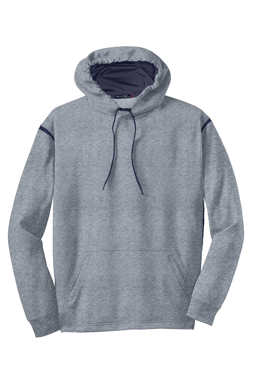 Sport-Tek Mens Tech Moisture Wicking Fleece Hooded Sweatshirt Hoodie w/ Pouch Pocket - Heather Grey/True Navy Blue