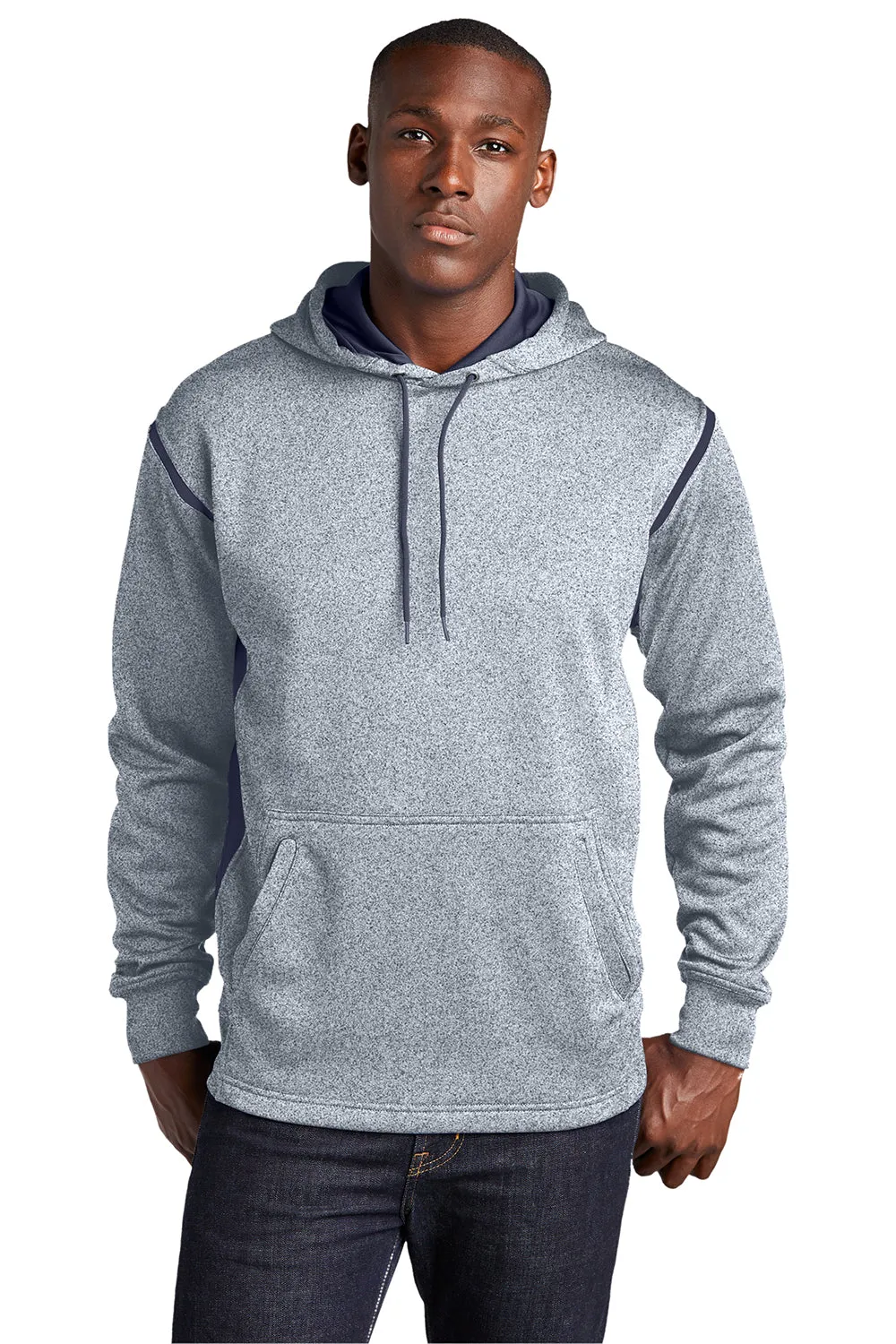 Sport-Tek Mens Tech Moisture Wicking Fleece Hooded Sweatshirt Hoodie w/ Pouch Pocket - Heather Grey/True Navy Blue