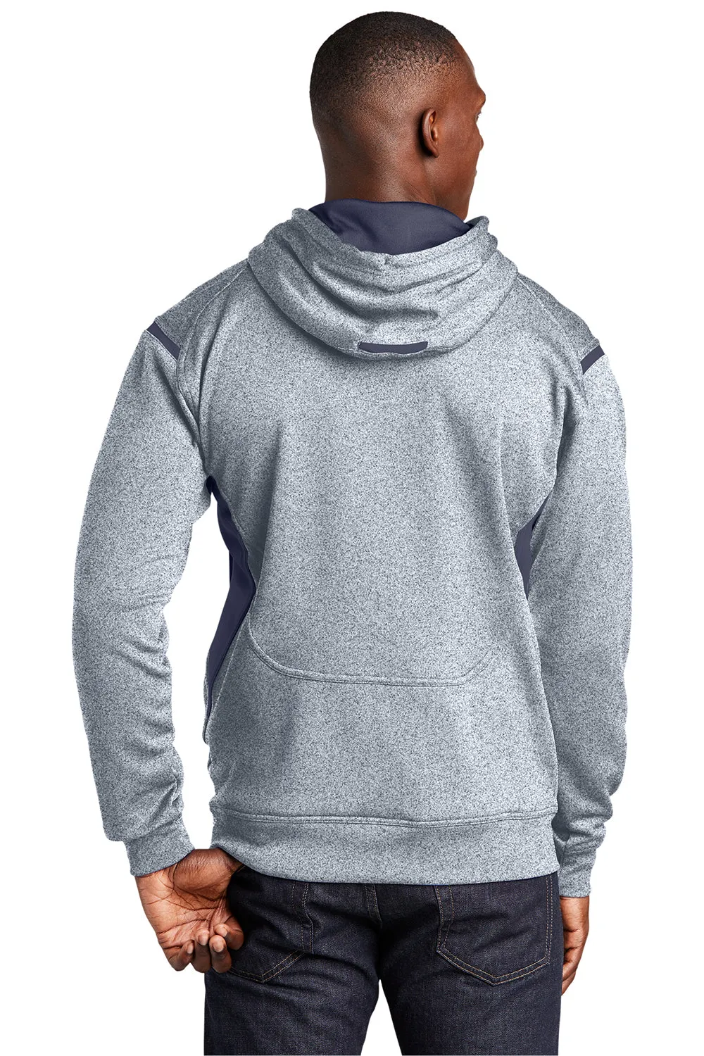 Sport-Tek Mens Tech Moisture Wicking Fleece Hooded Sweatshirt Hoodie w/ Pouch Pocket - Heather Grey/True Navy Blue
