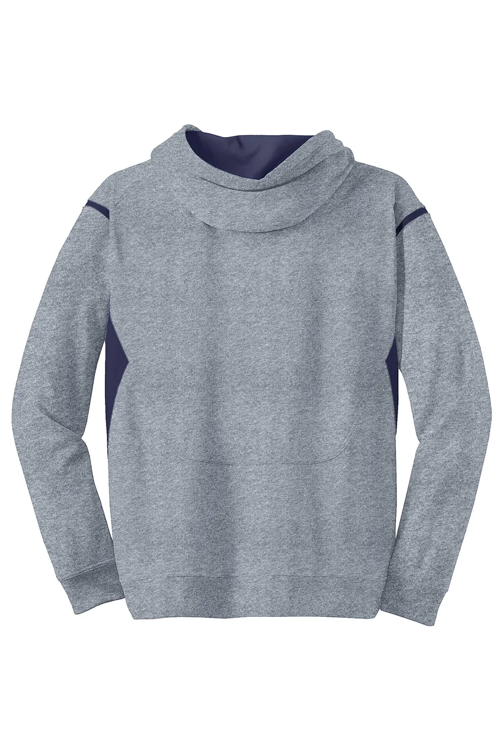 Sport-Tek Mens Tech Moisture Wicking Fleece Hooded Sweatshirt Hoodie w/ Pouch Pocket - Heather Grey/True Navy Blue