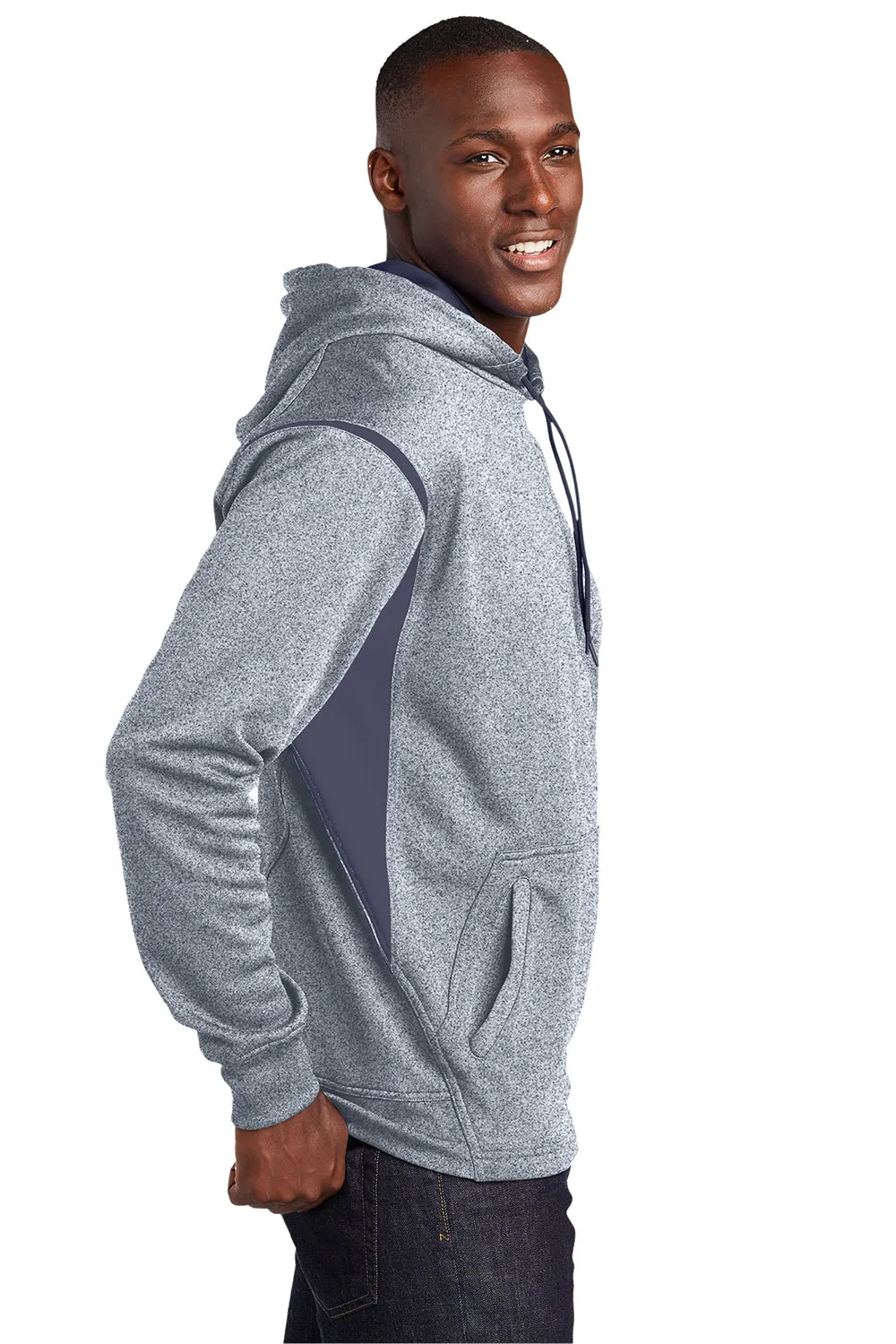 Sport-Tek Mens Tech Moisture Wicking Fleece Hooded Sweatshirt Hoodie w/ Pouch Pocket - Heather Grey/True Navy Blue