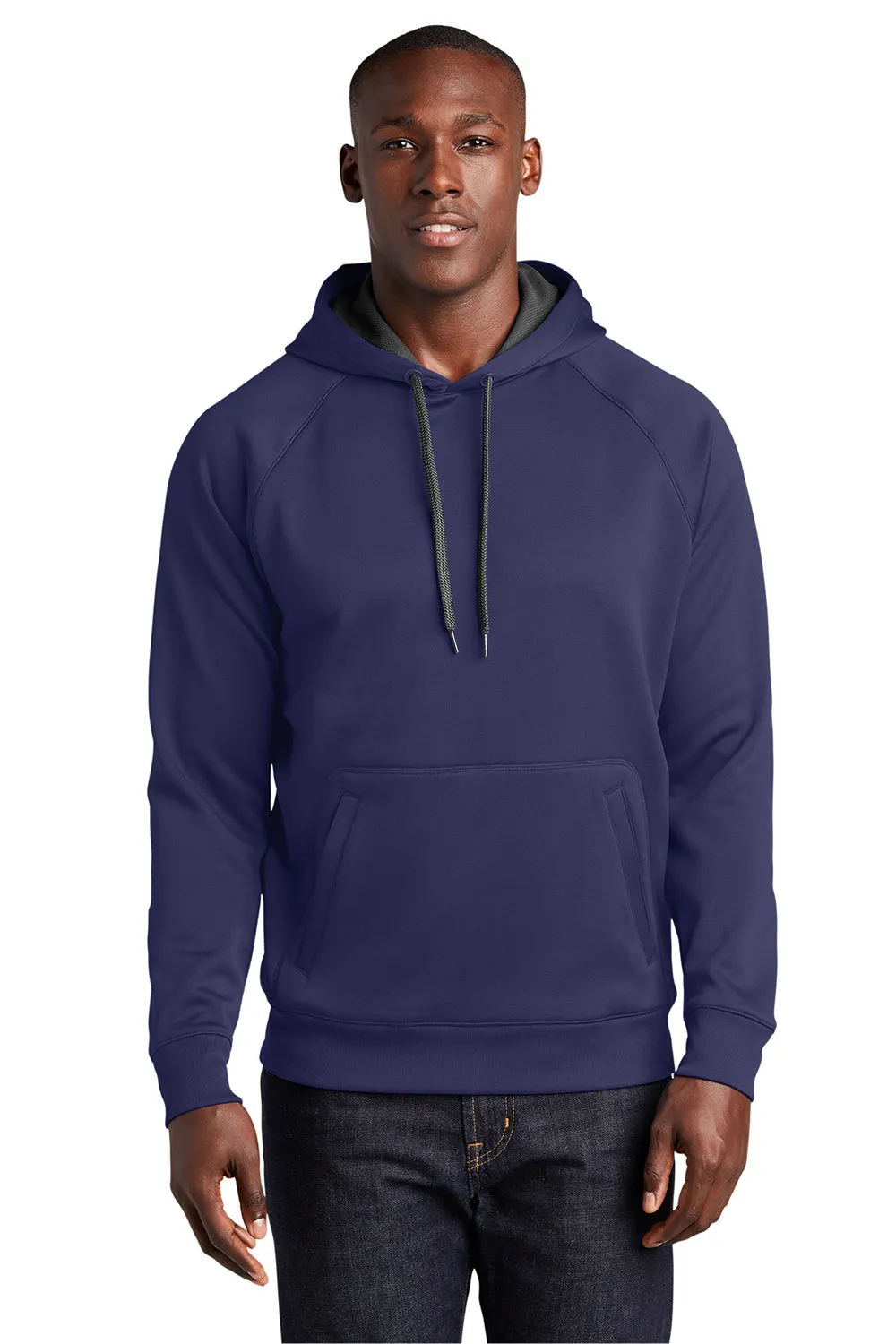 Sport-Tek Mens Tech Moisture Wicking Fleece Hooded Sweatshirt Hoodie w/ Pouch Pocket - True Navy Blue