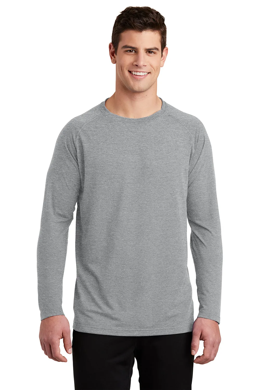 Sport-Tek Mens Ultimate Performance Moisture Wicking Long Sleeve Crewneck T-Shirt - Heather Grey