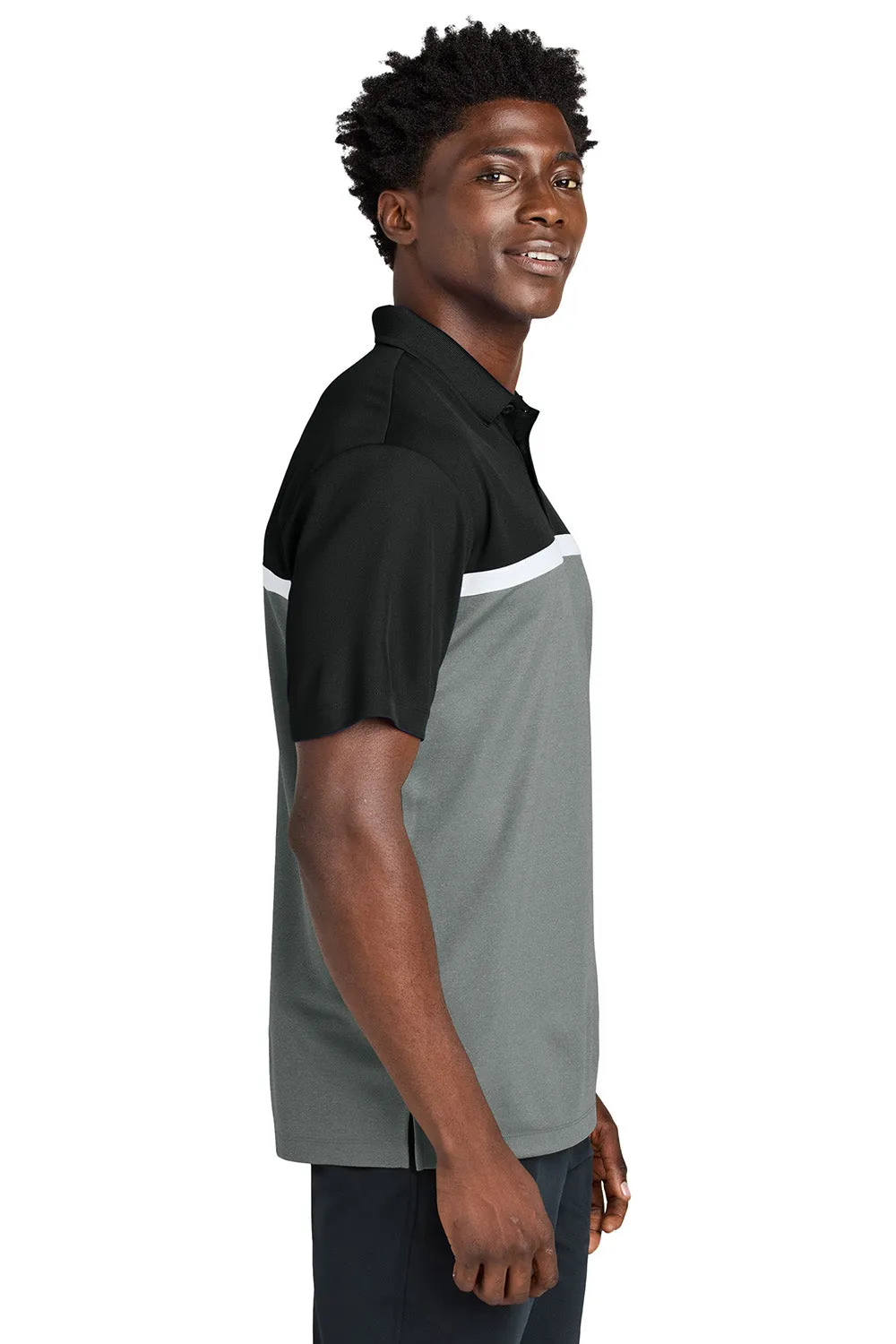 Sport-Tek Mens UV Micropique Colorblock Moisture Wicking Short Sleeve Polo Shirt - Black/Heather Concrete Grey/White