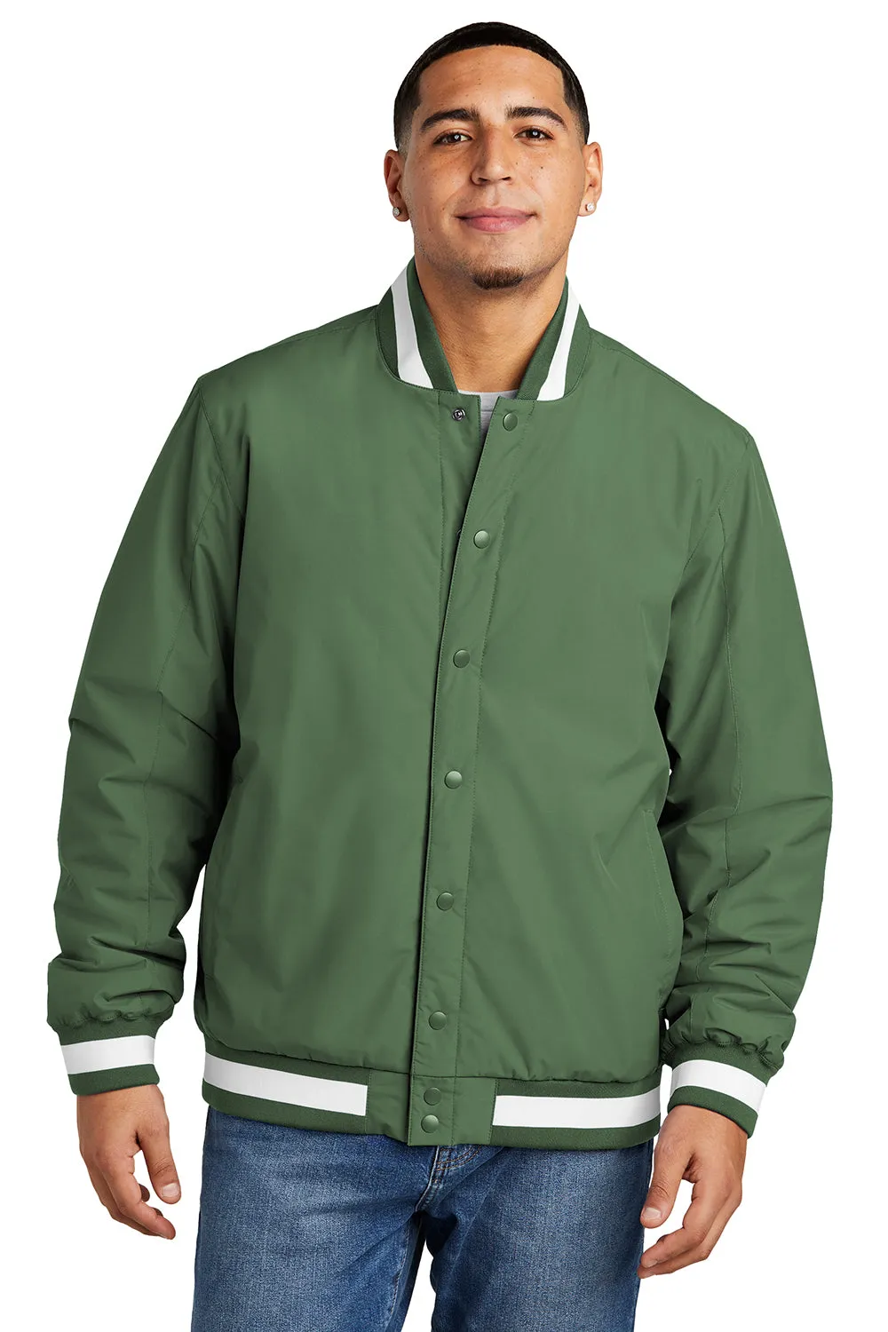 Sport-Tek Mens Water Resistant Snap Down Varsity Jacket - Forest Green