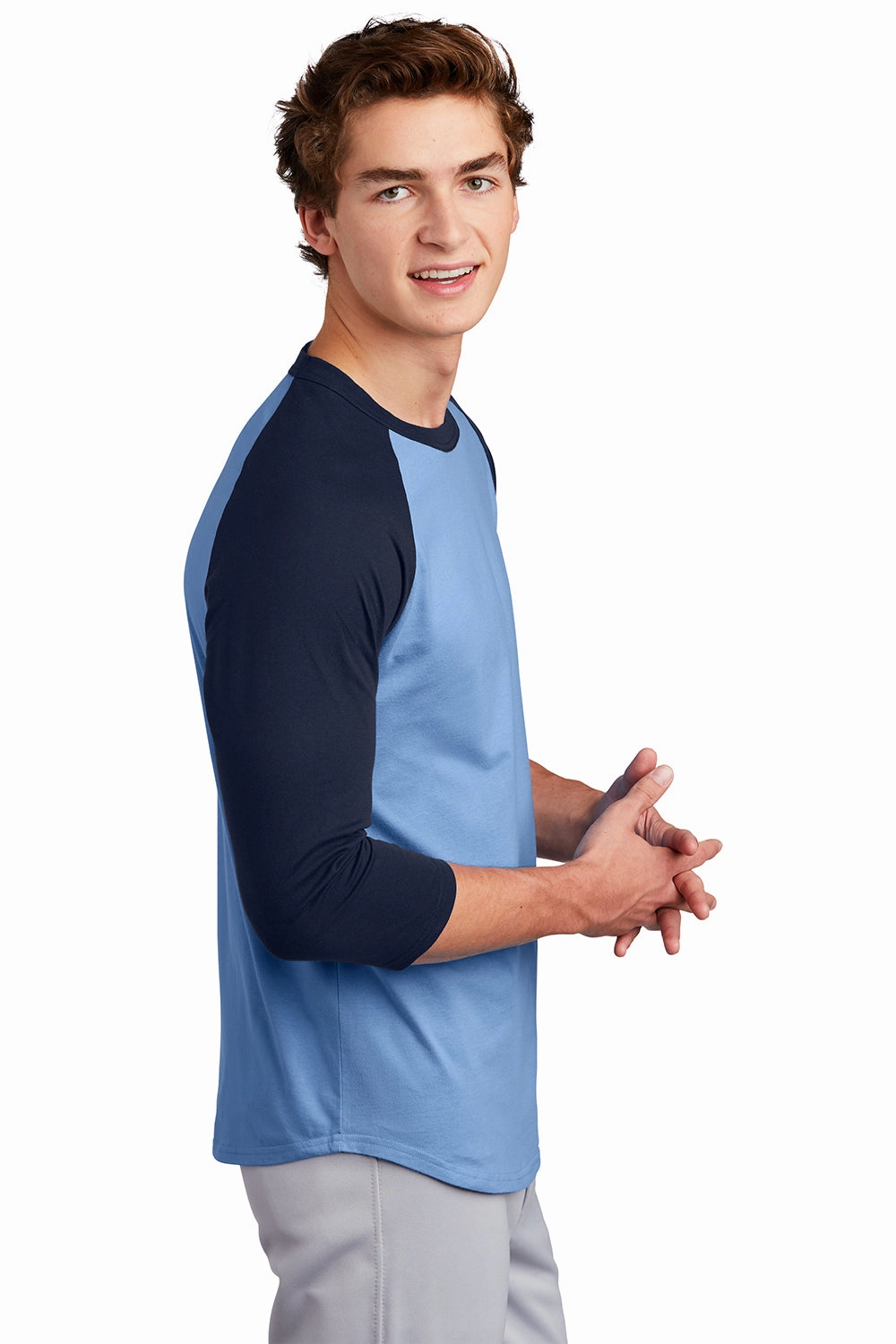Sport-Tek Mens 3/4 Sleeve Crewneck T-Shirt - Carolina Blue/Navy Blue