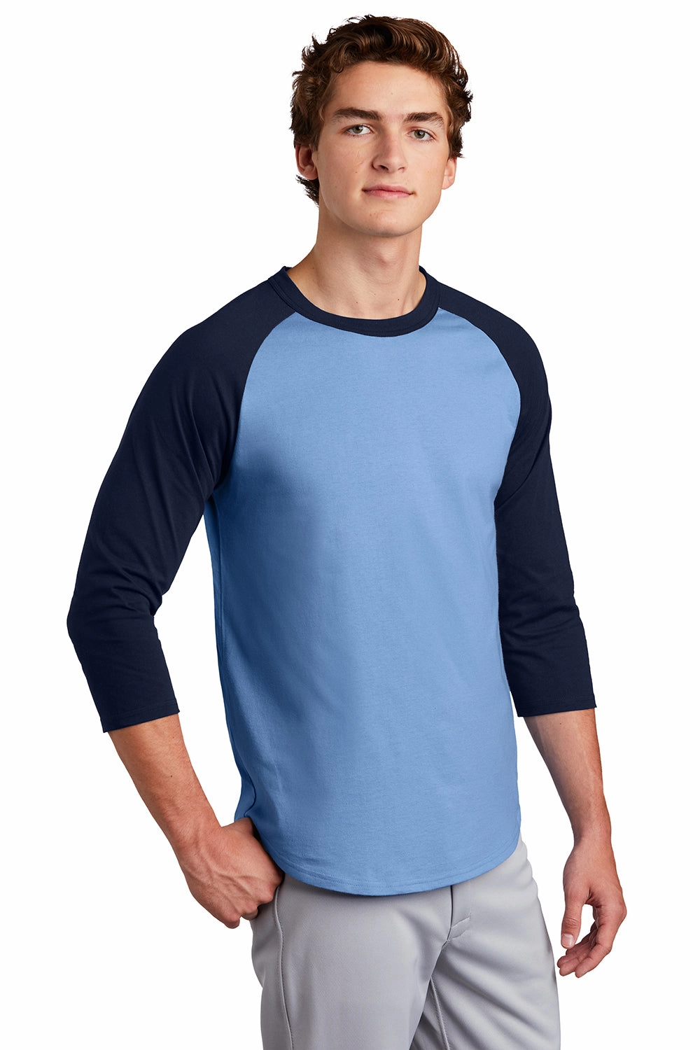 Sport-Tek Mens 3/4 Sleeve Crewneck T-Shirt - Carolina Blue/Navy Blue
