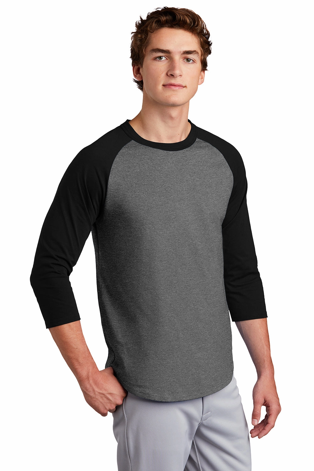 Sport-Tek Mens 3/4 Sleeve Crewneck T-Shirt - Heather Dark Grey/Black