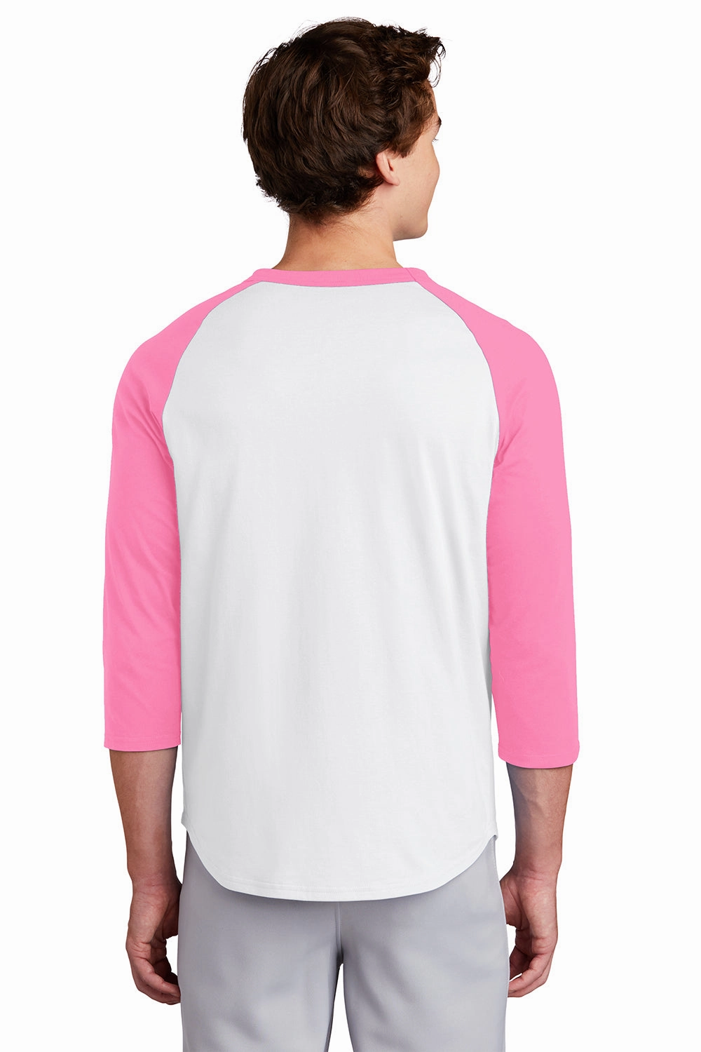 Sport-Tek Mens 3/4 Sleeve Crewneck T-Shirt - White/Bright Pink