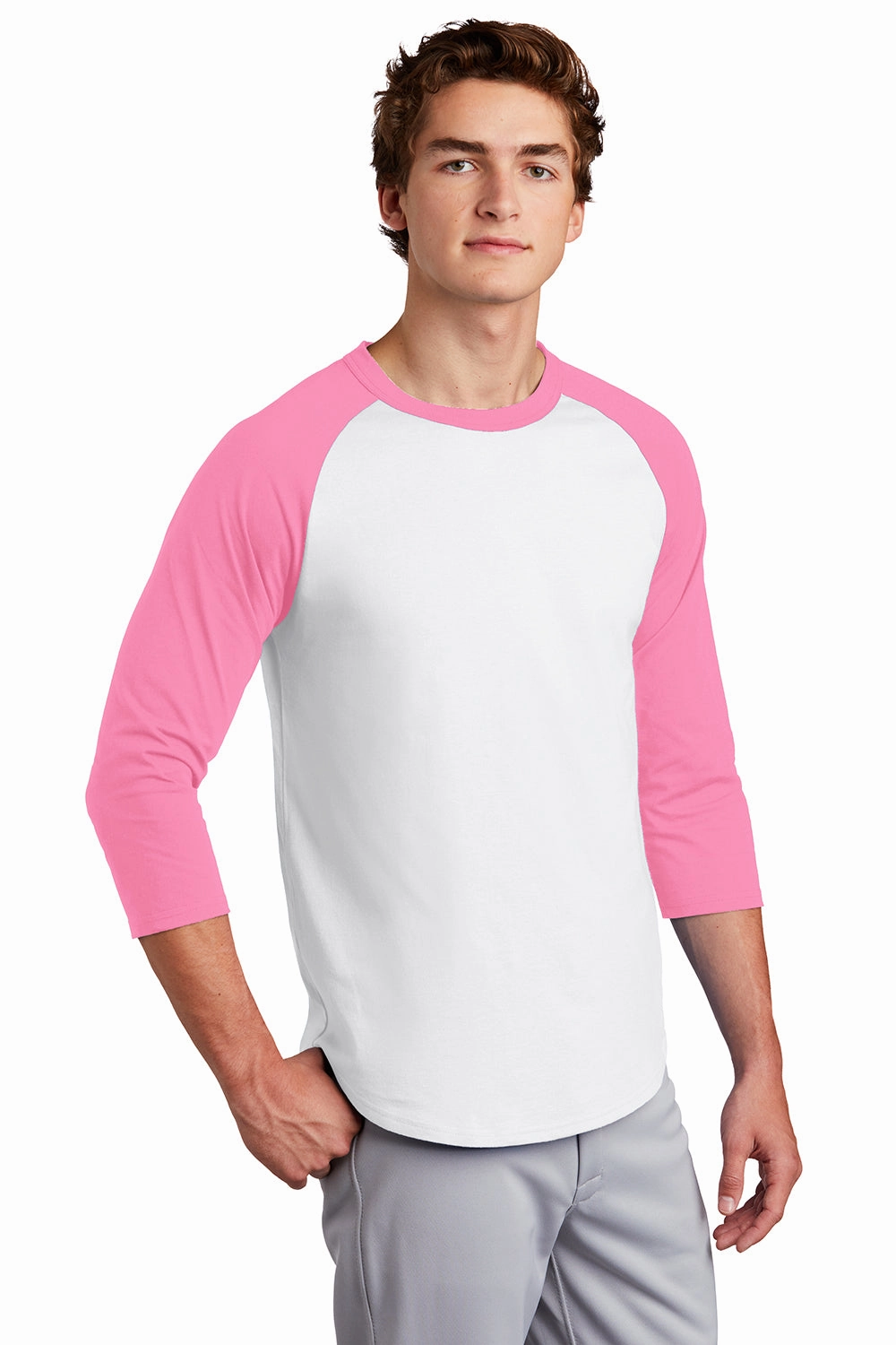 Sport-Tek Mens 3/4 Sleeve Crewneck T-Shirt - White/Bright Pink