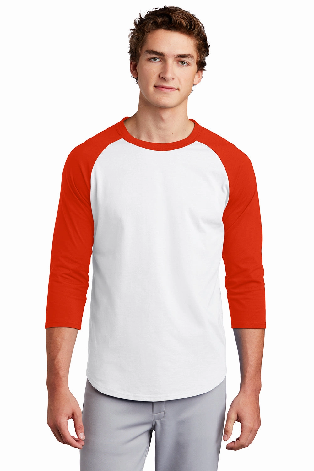 Sport-Tek Mens 3/4 Sleeve Crewneck T-Shirt - White/Deep Orange
